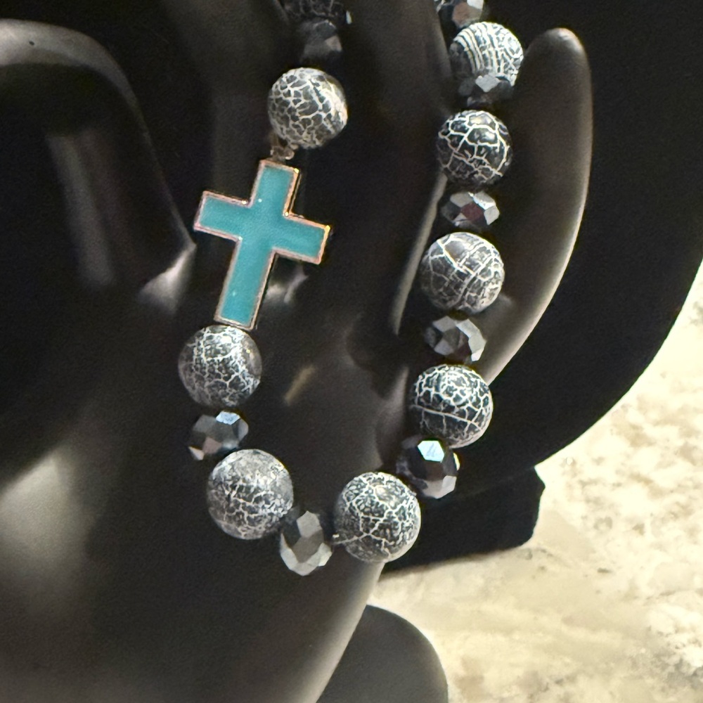 Crackle Agate and Rhodium Hematite with Cross Bracelet